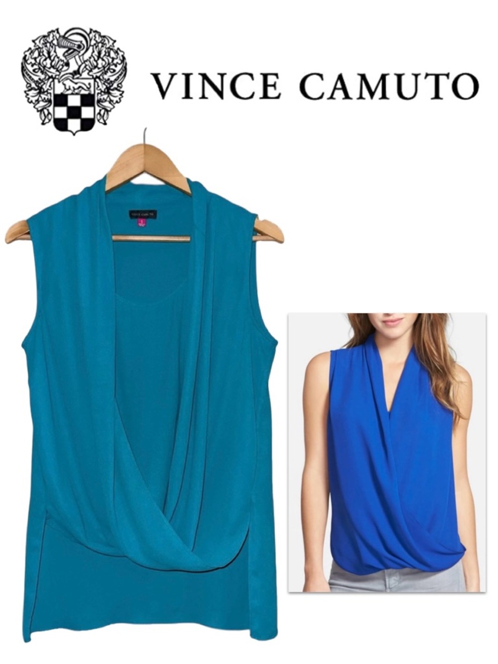 VINCE CAMUTO Teal Blue Drape Front Sleeveless Top Cowl Plunge Blouse Women's S